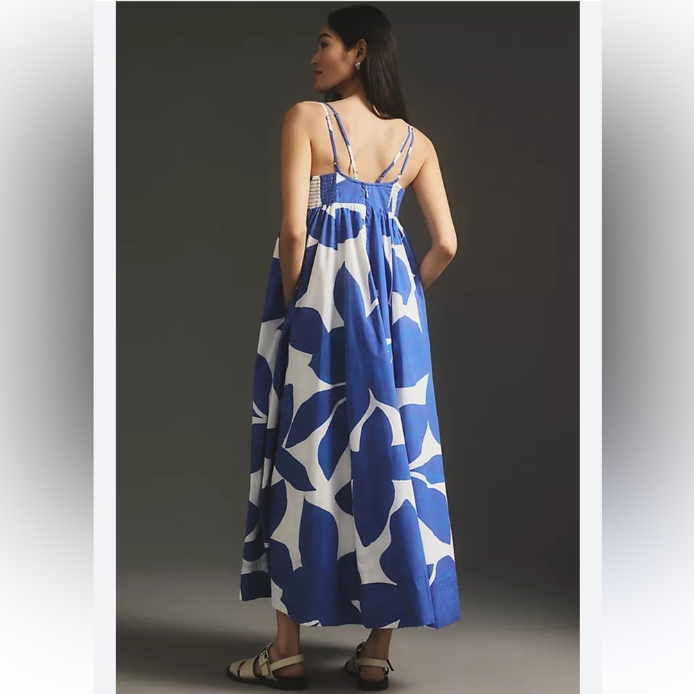 By Anthropologie 100% Cotton Blue White Floral Maxi Summer Dress Pockets XS - Picture 13 of 16